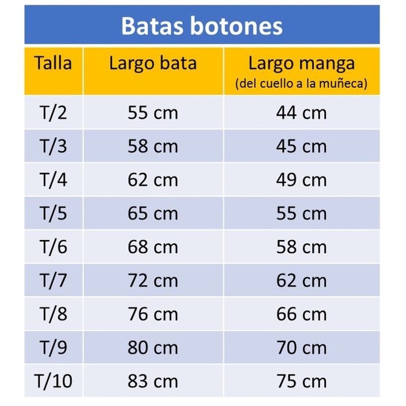 MEDIDAS TALLA BATA CON BOTONES