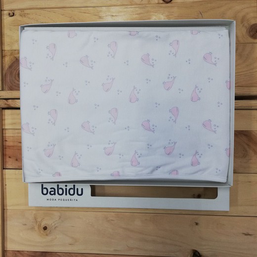 Couverture bébé berceuse 100% coton baleine rose babidu